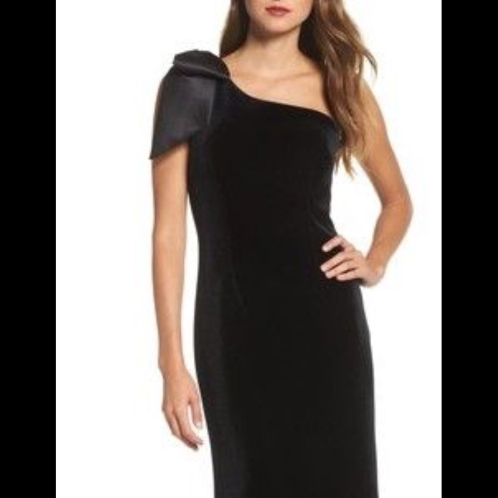 Eliza J black shoulder bow gown